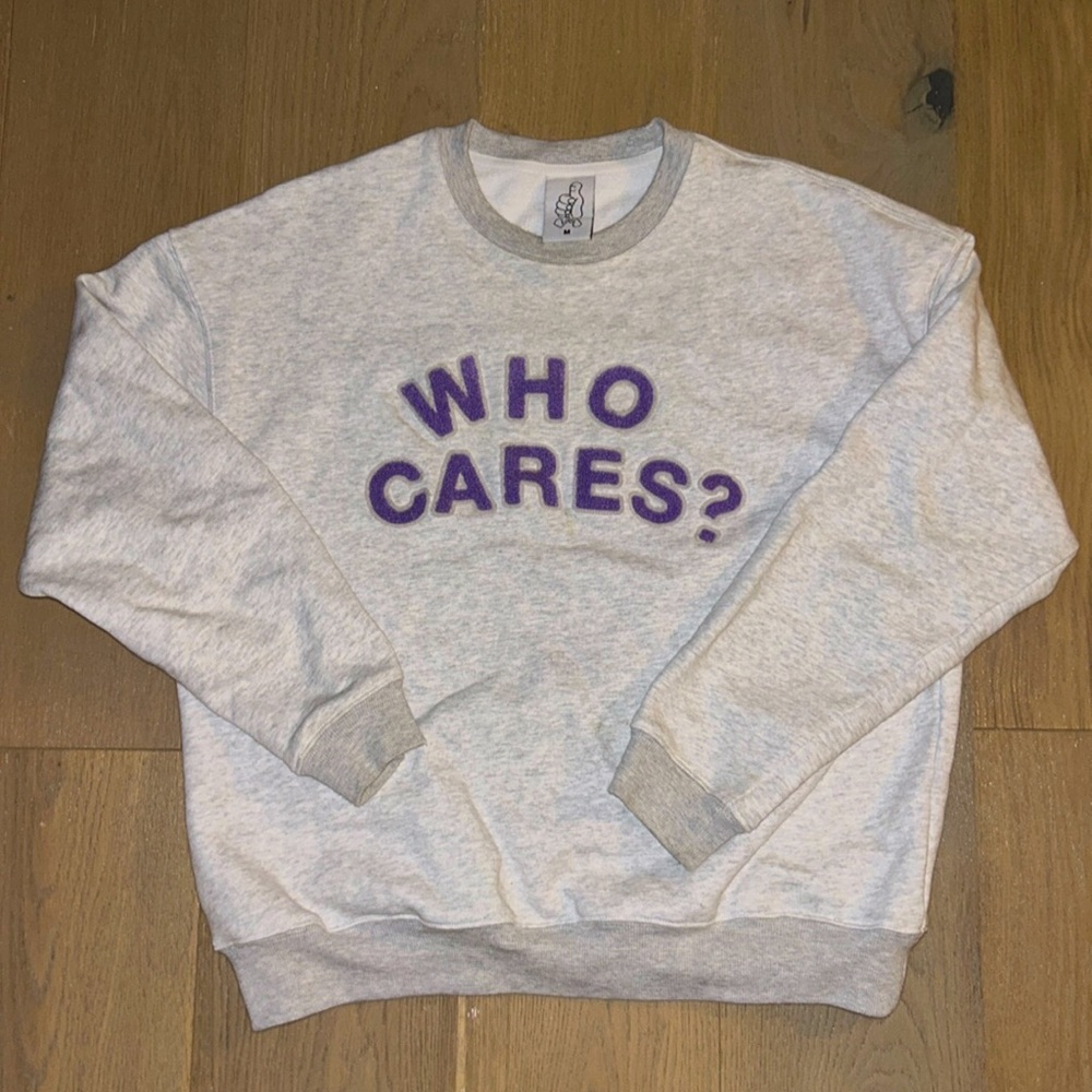 Rex Orange County Who Cares? Merch - grey crewneck with purple fuzzy lettering